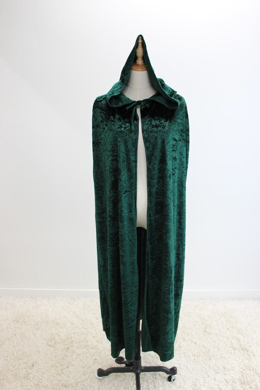 Halloween Green Velvet Cape Cloak with Hood Renaissance Elven Forest Fairy LOTR